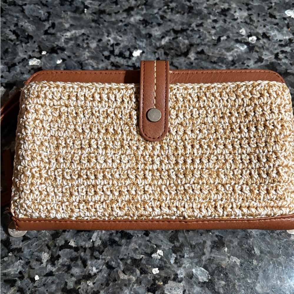 Brown and Cream Woven Crossbody Bag with Leather Accents